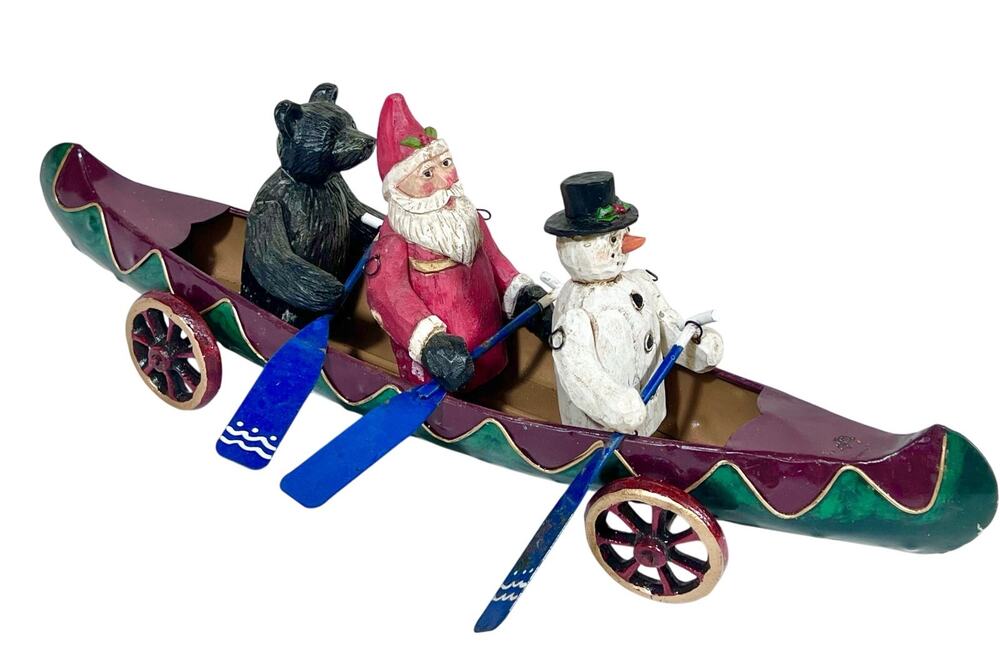Christmas Around The World Metal Canoe Sleigh Santa Claus Bear and Snowman Used